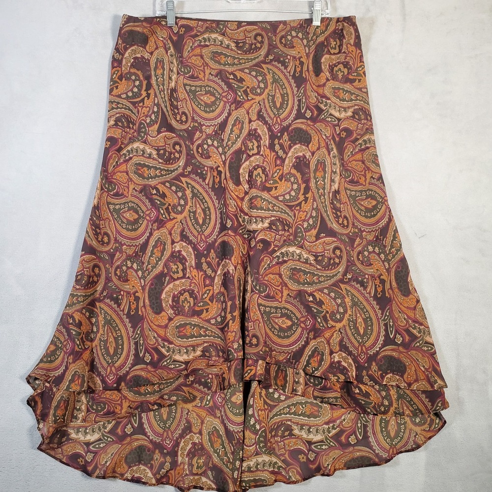 Chaps Skirt Womens XL Brown Paisley Tiered High Low Earthy Fairycore Retro Boho